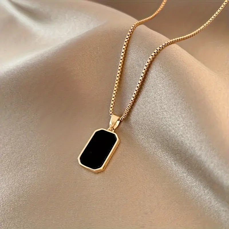 Elegant  Gold-Plated Stainless Steel Black Rectangular Pendant