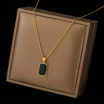 Elegant  Gold-Plated Stainless Steel Black Rectangular Pendant